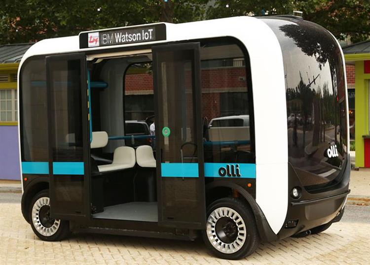 Imprimée en 3D, la navette autonome Olli développée par la start-up américaine Local Motors reçoit le soutien de deux nouveaux partenaires