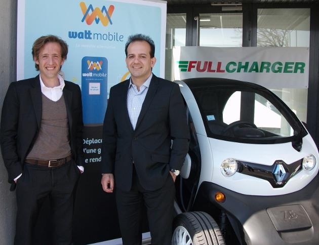 Opérateur de bornes de recharge, FullCharger est également devenu un opérateur de mobilité en prenant une participation dans Wattmobile. Ici, les dirigeants David Lainé (Wattmobile) et Marc Buker (FullCharger)