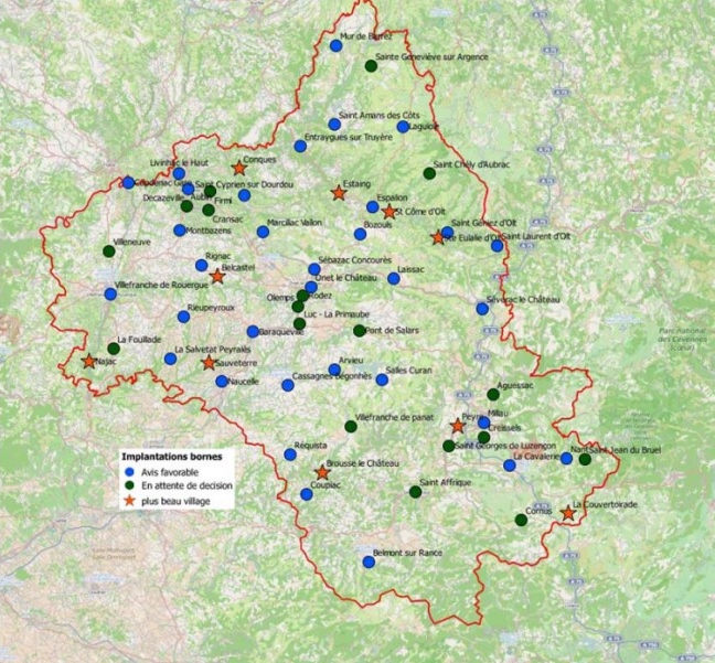 Carte des bornes de recharge en Aveyron