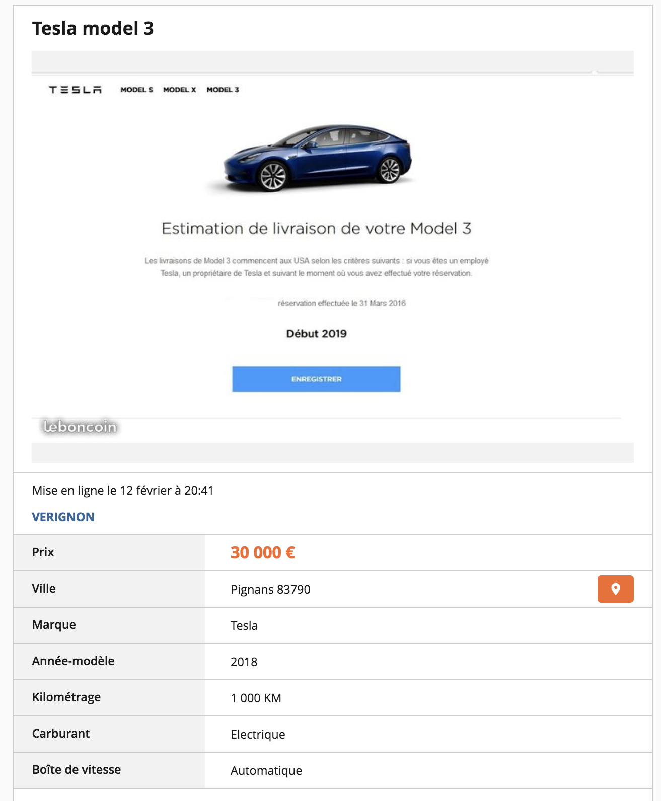 La Tesla Model 3 a été brièvement mise en vente sur Le Bon Coin