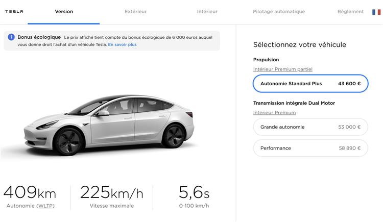 En France, la Tesla Model 3 Standard Plus offrant 409 km d’autonomie est désormais disponible à partir de 43 600 euros (bonus déduit)